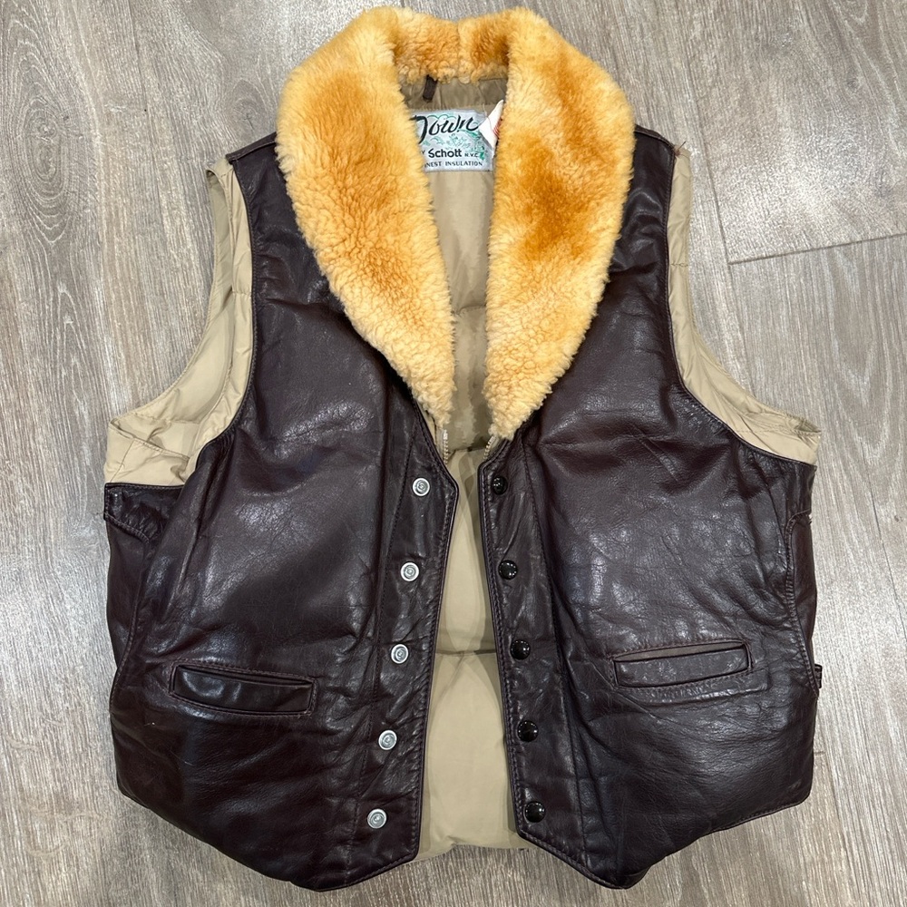 Vintage Schott Down Leather Vest Faux Shearling Collar 44
